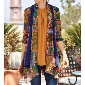 Soft Surroundings Multicolor Patchwork Cardigan with Mustard and Navy Accents